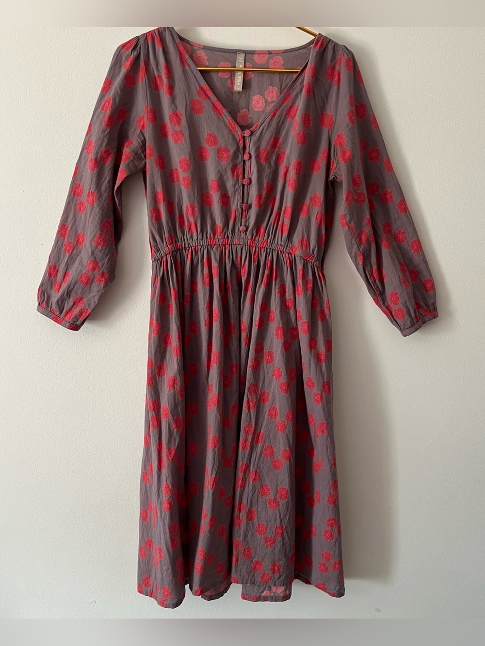Mata Traders Taupe Red Floral Midi Peasant Prairie Cotton Cottagecore Dress M
